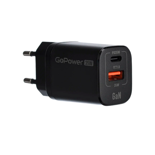Сетевое З/У GoPower GPQC09 1USB+1Type-C 35W QC3.0 GaN черный